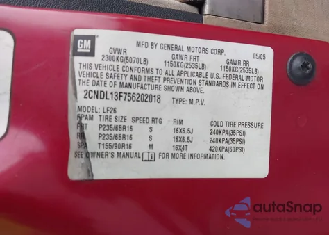 2005 Chevrolet Equinox Ls z USA, uszkodzony, nr VIN 2CNDL13F756202018